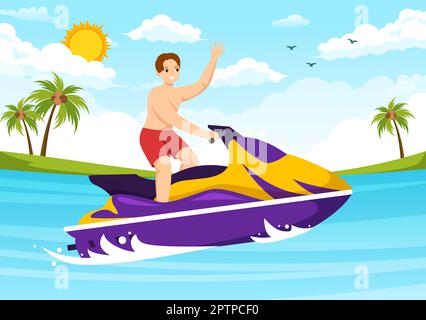 Persone Ride Jet Ski Illustrazione Estate vacanza Ricreazione, Sport acquatici estremi e Resort Beach attività in mano disegnato piano Cartoon modello Illustrazione Vettoriale