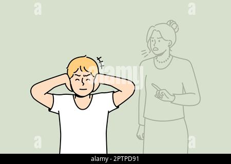 Il ragazzo chiude le orecchie per non sentire la voce della madre o dell'insegnante che lo scolda. Schoolboy si sente costantemente criticato. Pressione psicologica Foto Stock