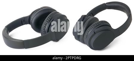 set di cuffie nere, apparecchiature audio wireless ad archetto con cuscinetti auricolari a cancellazione del rumore o isolati su sfondo bianco Foto Stock