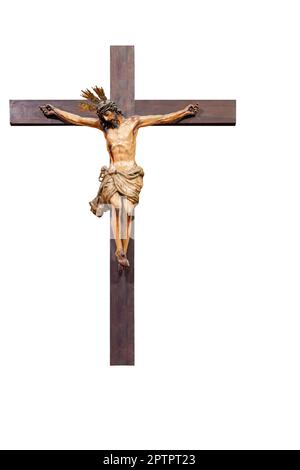 Gesù Cristo sulla croce isolato su sfondo bianco con spazio per il testo Foto Stock