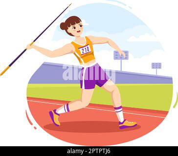 Javelin lancio atleta Illustrazione utilizzando un lungo strumento a forma di lancia per lanciare attività sportive piano Cartoon modello disegnato a mano Illustrazione Vettoriale