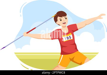 Javelin lancio atleta Illustrazione utilizzando un lungo strumento a forma di lancia per lanciare attività sportive piano Cartoon modello disegnato a mano Illustrazione Vettoriale