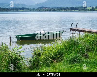 Vista panoramica sulla riva dell'Hopfensee in Baviera con la barca a remi Ange in primo piano sul molo e le prime colline ai piedi della Germania Foto Stock