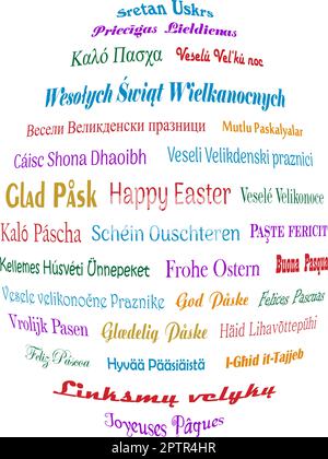 Buona Pasqua. Saluti colorati in diverse lingue europee. Parte posteriore bianca. Illustrazione Vettoriale