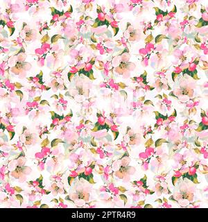 Modello senza cuciture con rami di mela in fiore sul bianco. Sfondo acquerello floreale. Ideale per modelli di design, sfondi, fasciatura, tessuti Foto Stock