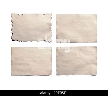 Set di vecchi pezzi di vuoto di antichi vintage sbriciolamento manoscritto cartaceo o pergamena orientato orizzontalmente isolato su bianco Foto Stock