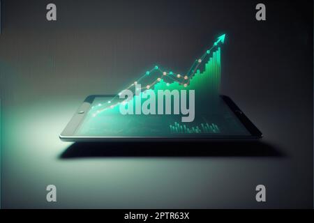 tablet con grafici olografici e statistiche del mercato azionario. grafico a freccia del business grafico delle azioni o dei dati finanziari degli investimenti profitto sul display digitale Foto Stock