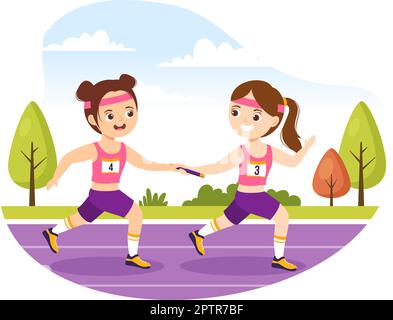 Relay Race Illustration Kids passando il Baton ai compagni di squadra fino a raggiungere la linea di arrivo in un Campionato sportivo Cartoon Hand Drawing Template Illustrazione Vettoriale