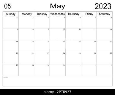 Pianificatore per maggio 2023. Programma per il mese. Calendario mensile. Organizzatore per maggio 2023. Business plan. Elenco delle attività per il mese. Celle vuote del pianificatore. Mese Foto Stock