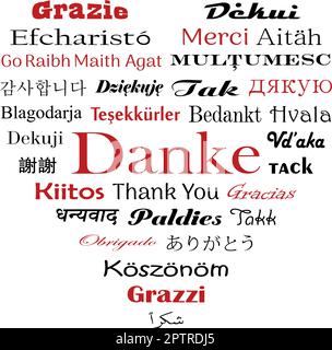 Grazie nelle lingue internazionali. Caratteri vettoriali a forma di cuore. Parte posteriore bianca. Illustrazione Vettoriale