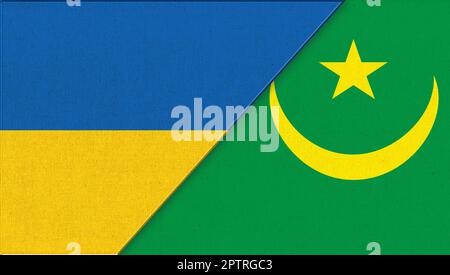 Bandiera dell'Ucraina e della Mauritania - 3D illustrazione. Due bandiere insieme. Simboli nazionali di Ucraina e Mauritania. relazioni politiche. Ucraino e M. Foto Stock