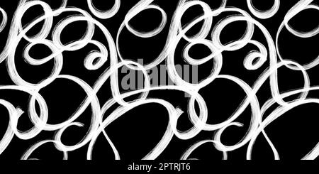 Motivo per graffiti smoothico astratto e senza cuciture o motivo a vortice freestyle. Pennellate bianco grassetto monocromatiche texture sul dorso nero Foto Stock