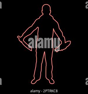 Neon uomo con spada machete rimuovere guaina scabbard armi fredde in mano militare Soldier Serviceman in posizioni Hunter con coltello lotta pone forte difensore Guerrior concetto di armi Stand rosso colore vettore illustrazione immagine stile piatto Illustrazione Vettoriale