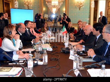 Milano, Italia. 28th Apr, 2023. Milano, incontro in Prefettura tra i Ministri della Giustizia d'Italia e della Francia, Carlo Nordio ed Eric Dupond-Moretti Editorial Usage Only Credit: Agenzia indipendente per le Foto/Alamy Live News Foto Stock