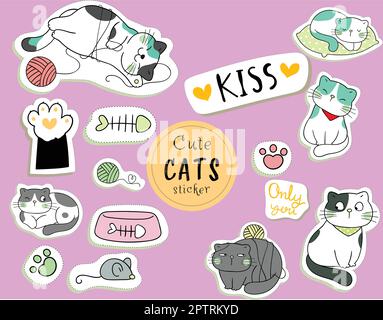 Tickers gatti divertenti Doodle stile cartone animato Illustrazione Vettoriale