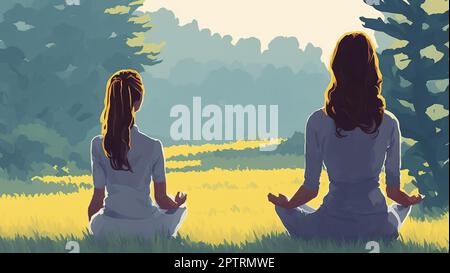 Due donne meditando nel prato relax e benessere in pittura natura Foto Stock