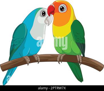 Coppia di cartoni animati Lovebird Parrot su sfondo bianco Illustrazione Vettoriale