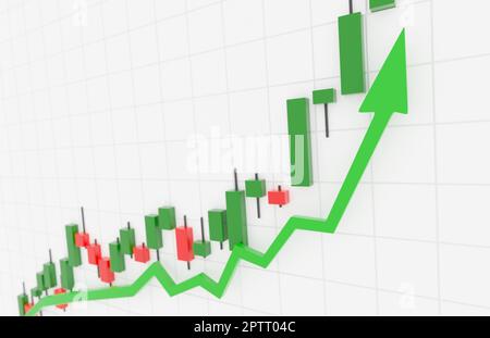 Boom del mercato azionario, guadagni finanziari, concetto di investimento sicuro. Freccia verde che sorvolano la tabella dei candelabri. Rendering 3D digitale. Foto Stock