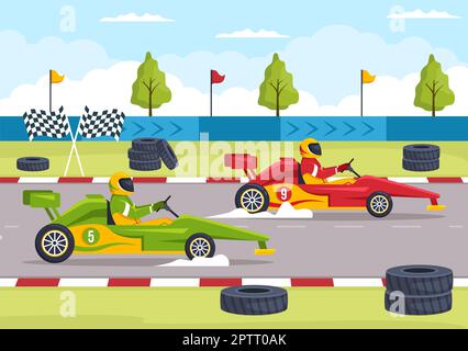 Karting Sport con gioco di corse Go Kart o Mini Car su pista di piccolo circuito in Cartoon piano modello disegnato a mano Illustrazione Foto Stock