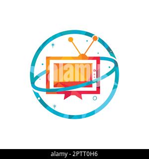 Design del logo vettoriale di Planet TV. Media e intrattenimento, concetto di logo televisivo. Illustrazione Vettoriale