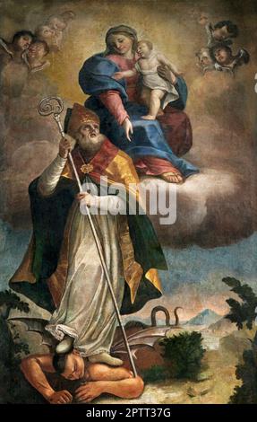 Madonna col Bambino in gloria con San Zenone - olio su tela - Giuseppe Brina - prima decade del XVIII secolo - Cene (BG), chiesa di S. Zenone Foto Stock