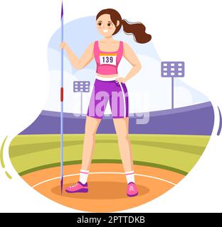 Javelin lancio atleta Illustrazione utilizzando un lungo strumento a forma di lancia per lanciare attività sportive piano Cartoon modello disegnato a mano Illustrazione Vettoriale