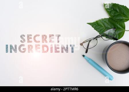 Titolo concettuale ingrediente segreto, parola per la tecnica speciale o materiali utilizzati da un'azienda nella fabbricazione dei suoi prodotti Foto Stock