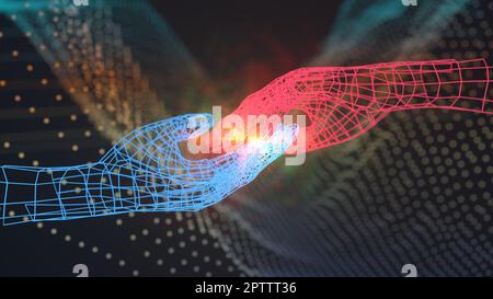 Due mani che toccano uno spazio virtuale. Realtà virtuale, concetto di intelligenza artificiale. Rendering 3D digitale. Foto Stock