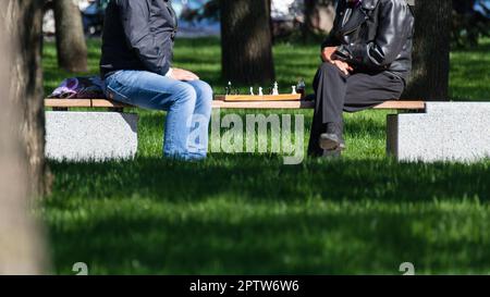 Due uomini che giocano a scacchi su una panchina nell'area ricreativa del parco pubblico verde Foto Stock