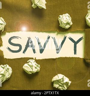 Visualizzazione concettuale Savvy, Parola per avere percezione, comprensione in questioni pratiche Foto Stock