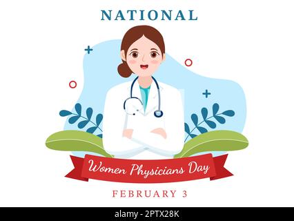 Giornata nazionale delle donne dei medici il 3 febbraio per onorare i medici femminili attraverso il paese in Cartoon piano modelli disegnati a mano Illustrazione Foto Stock