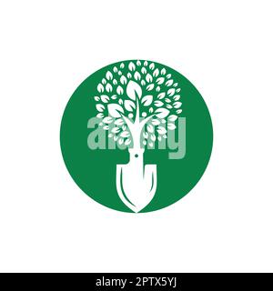 Pala con logo vettoriale albero umano. Verde giardino ambiente logo modello di design. Illustrazione Vettoriale