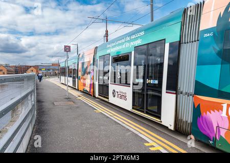 Edinburgh Tram su Ocean Drive, Leith, Edimburgo, Scozia, Regno Unito Foto Stock