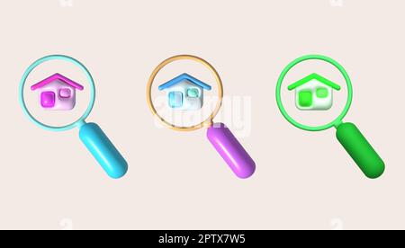 Illustrazione 3D. Lente di ingrandimento su icona casa. idee di ricerca di alloggi Foto Stock