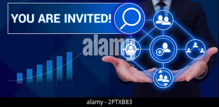 Mostra di segno sei invitato, ricevimento di una vetrina aziendale e invito a un evento partecipa a noi per festeggiare Foto Stock