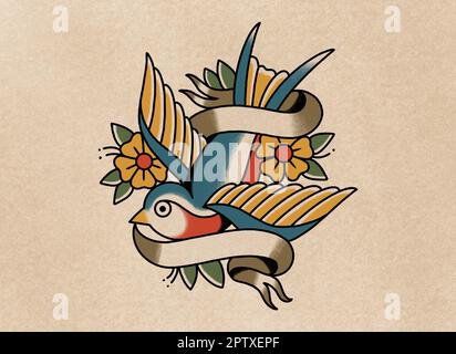 Tatuaggio vecchio stile arte disegno uccello tenendo rotolo di carta in becco con fiori Foto Stock