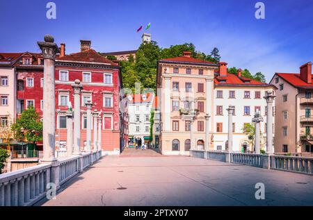 Ljublijana, Slovenia. Il Cobblers' Bridge è un pittoresco ponte pedonale, noto per la sua facciata colorata e l'associazione storica con i calzolai. Foto Stock