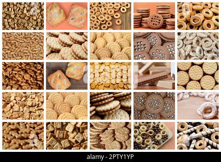 Un collage di tante foto con vari dolci di close-up. Un set di immagini con varietà di biscotti, bagel e caramelle Foto Stock