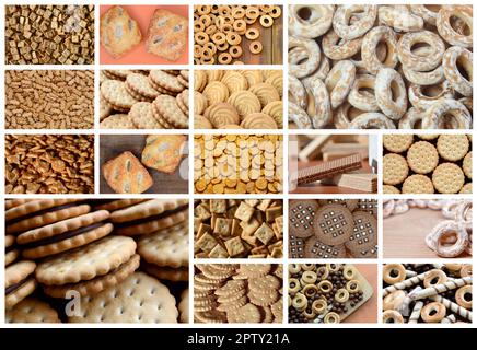 Un collage di tante foto con vari dolci di close-up. Un set di immagini con varietà di biscotti, bagel e caramelle Foto Stock