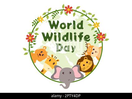 World Wildlife Day il 3rd marzo per aumentare la consapevolezza degli animali, piantare e preservare il loro habitat nella foresta in Cartoon piano modello disegnato a mano Illustrazione Foto Stock