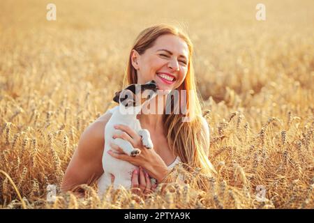 Giovane donna detiene Jack Russell Terrier cucciolo sulle sue mani, ridere, cane è leccare la sua guance e mento, tramonto illuminato Campo di grano in background. Foto Stock