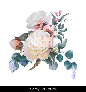 L'illustrazione in acquerello di una peonie bianche con foglie di eucaliptus, isolate su sfondo bianco, può essere utilizzata come biglietto d'auguri, biglietto d'invito per Foto Stock