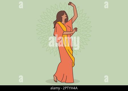 Donna felice in abiti indiani danzanti Illustrazione Vettoriale