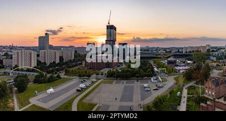 Un'immagine panoramica di alcuni dei luoghi di interesse di Katowice, come il complesso edilizio .KTW, lo Spodek e la National Polish radio Symphony Orchestra, A. Foto Stock