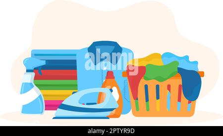 Lavaggio a secco Servizio di magazzino con lavatrici, asciugatrici e lavanderia per l'abbigliamento pulito in Cartoon piano modelli disegnati a mano Illustrazione Illustrazione Vettoriale