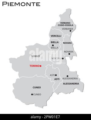 Semplice mappa amministrativa grigia della regione Piemonte d'Italia Illustrazione Vettoriale
