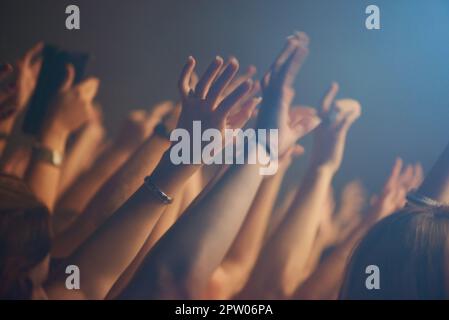 Sentire la musica. Una folla entusiasta che alza le mani e raggiunge la loro band preferita Foto Stock