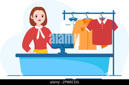 Lavaggio a secco Servizio di magazzino con lavatrici, asciugatrici e lavanderia per l'abbigliamento pulito in Cartoon piano modelli disegnati a mano Illustrazione Illustrazione Vettoriale