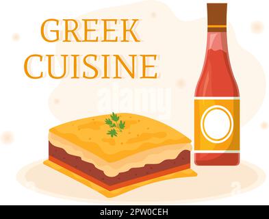 Cucina greca Ristorante Menu fisso deliziosi piatti tradizionali o nazionali in Cartoon piatto modello disegnato a mano Illustrazione Illustrazione Vettoriale