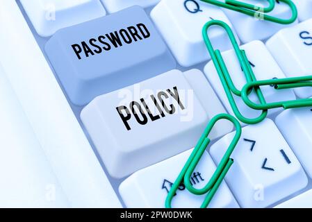 Firma scritta a mano Password Policy, Internet Concept prima linea di protezione contro qualsiasi accesso non autorizzato Foto Stock